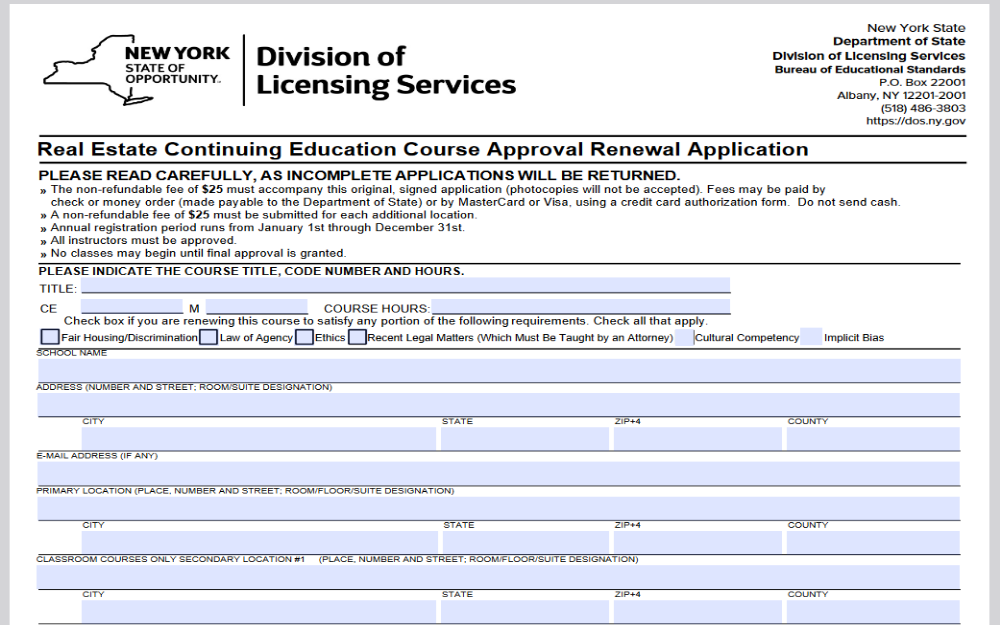 An application form from the New York State Division of Licensing Services for Real Estate Continuing Education Course Approval Renewal, with sections for course title, hours, and content areas including ethics and legal updates.