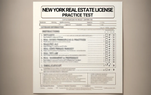 A New York real estate license practice test on a flat surface.